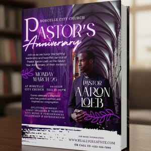 May include: A book cover for Pastor Aaron Loeb's anniversary. The design features a purple background with the text "Pastor's Anniversary" and the date "Monday, March 26." A photo of Pastor Aaron Loeb is on the right.