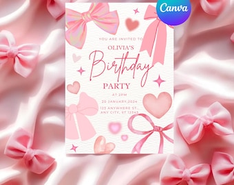Pink Bow Birthday Invitation: Coquette Girl Party, Thank You Tag (Digital Download)