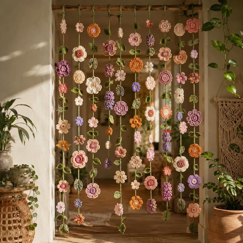 May include: A hanging room divider featuring multiple vertical strands of crocheted flowers in various colors including pink, orange, purple, and white. Each strand is connected by green crocheted leaves and stems, suspended from a wooden rod.