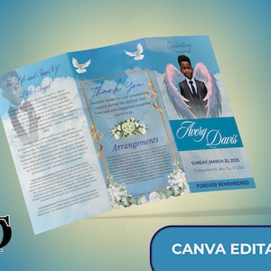 May include: A tri-fold memorial brochure with a blue and white sky background. The brochure features the text "The Life and Times of Little Angel" and "Celebrating the Life of Avery Davis". It includes a photo of a person with angel wings.