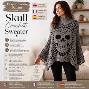 Patrón de ganchillo PDF para poncho de encaje con calaveras, patrón de suéter gótico de ganchillo, top de calavera para Halloween, poncho de cuello alto acanalado, descarga digital