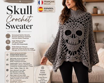 Wzór na szydełkowy ponczo z koronką z czaszką w formacie PDF, wzór na gotycki sweter szydełkowy, top z czaszką na Halloween, prążkowany ponczo z golfem, pobieranie cyfrowe