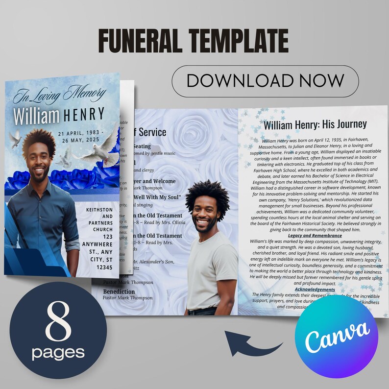 Blue Roses Funeral Program Template: Elegant Memorial Obituary (8.5x11 ...