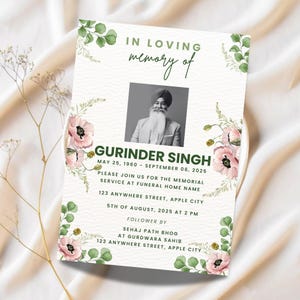 May include: A memorial card featuring a photograph and the text "In Loving Memory of Gurinder Singh". The card includes dates, service details, and floral decorations.