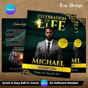 May include: A dark green memorial card design with gold accents and the text "Celebration of Life." The card features a photo of a man in a suit, the name "Michael Sebastian," and the date "15 June 2025."