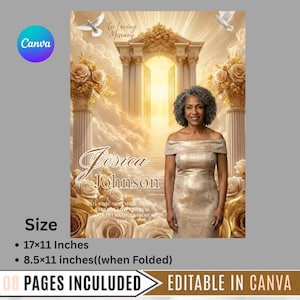 May include: A memorial announcement featuring a woman in a gold dress, with the name "Jesica Johnson" prominently displayed. The design includes a heavenly background with doves and roses, and the text "In Loving Memory". The announcement is 17x11 inches.