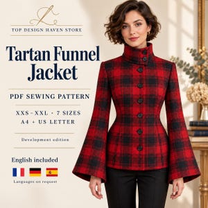 May include: A red and black tartan funnel jacket with long flared sleeves and a front button closure. The text reads: Top Design Haven Store, Tartan Funnel Jacket, PDF Sewing Pattern, XXS-XXL, 7 Sizes, A4 + US Letter, Development edition, English included.