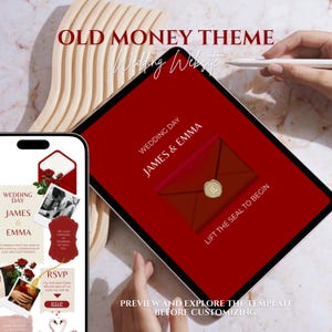 Könnte beinhalten: Ein Tablet und ein Smartphone zeigen eine Vorlage für eine Hochzeitswebsite mit einem roten und goldenen Farbschema. Das Tablet zeigt ein rotes Umschlagdesign mit den Namen "James & Emma". Das Thema ist "Old Money".