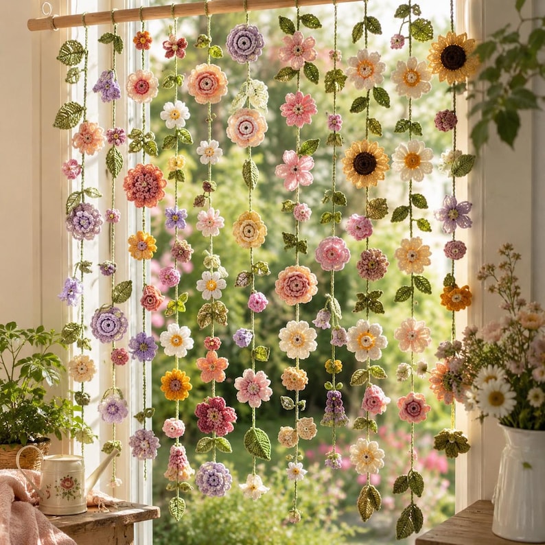 May include: A window curtain made of multiple vertical strands of crocheted flowers and green leaves in various shades of pink, yellow, purple, and white. The floral strands are suspended from a horizontal wooden rod across the window frame.