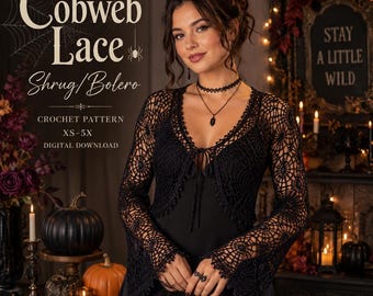 Wzór na szydełkowy bolerko z koronką w pajęczynę w formacie PDF, wzór na bolerko na Halloween, kardigan z koronką w pajęczynę, gotycki bolerko szydełkowe, dla początkujących w rozmiarach XS-3XL