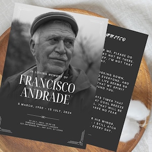 Minimalist Funeral Prayer Card Template: Black & White Obituary (Instant Download)
