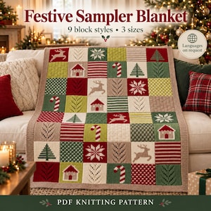 May include: A knitted blanket featuring a grid of squares with holiday motifs including reindeer, candy canes, houses, pine trees, and snowflakes in red, green, beige, and white. The text reads Festive Sampler Blanket, 9 block styles, 3 sizes, and PDF Knitting Pattern.
