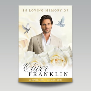 Puede incluir: Tarjeta conmemorativa con retrato de hombre, rosas blancas y palomas. El texto "In Loving Memory of Oliver Franklin" se muestra, junto con las fechas "21 de abril de 1983 - 26 de mayo de 2025". Fondo floral suave.