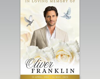 White Gold Funeral Program Template: 12 Page Memorial Program (Instant Download, Editable in Canva)