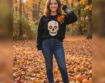 Wzór na szydełkowy sweter z czaszką na Halloween w formacie PDF, okrągły dekolt z nagietkiem, mankiet z pajęczą siecią, sweter w stylu gotyckim XS–3XL, natychmiastowe pobranie