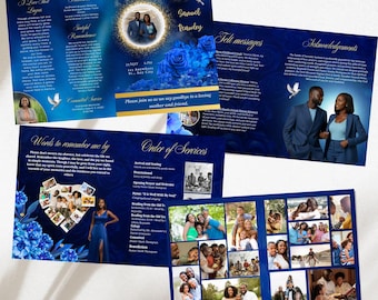 Dark Blue Funeral Program Template: 4-Page Memorial Booklet (Digital Download)