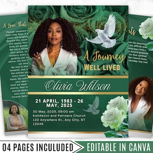 May include: A memorial card design with a green and gold color scheme. The design includes a portrait of a woman, doves, and roses. Text includes the name "Olivia Wilson" and dates, along with the phrase "A Journey Well Lived."