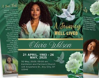 May include: A memorial card design with a green and gold color scheme. The design includes a portrait of a woman, doves, and roses. Text includes the name "Olivia Wilson" and dates, along with the phrase "A Journey Well Lived."
