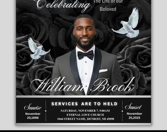 Folleto de anuncio de funeral de la Rosa Negra, plantilla de celebración de la vida (Canva, PDF)