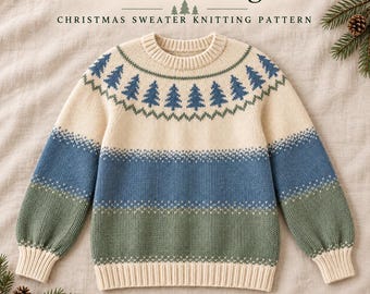 Christmas Sweater Knitting Pattern PDF, Evergreen Tree Colorwork Pullover, Top Down Yoke Sweater, Sizes XS–2XL, Instant Download- Digital