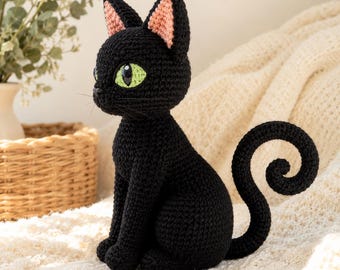 Wzór na szydełko: Salem Poseable Black Cat w formacie PDF | Zabawka dla kota amigurumi | Pluszowa zabawka na Halloween | Angielski Francuski Hiszpański | EN FR Es, natychmiastowe pobranie