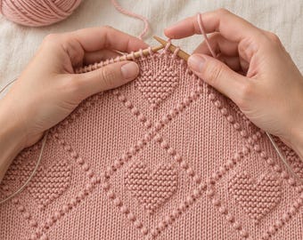 Heart Baby Blanket Knitting Pattern PDF, Diamond Texture Blanket, 4 Sizes, Knit and Purl, EN DE Fr Photo Guide (Instant Download) - Digital