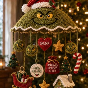 May include: A crochet mobile featuring a green character head wearing a red Santa hat with white trim. Hanging from it are various ornaments including green faces, a red heart labeled GRUMP, a red bag labeled BORROWED HOLIDAY CHEER, a red sleigh, a house, and a white circle labeled MERRY YULE-MAS!
