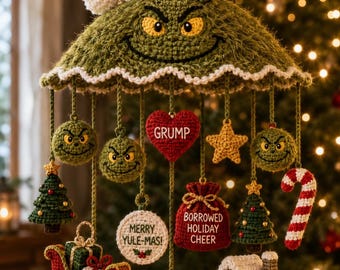 Wzór na szydełkową mobilną figurkę Grumblewick the Yule Grump w formacie PDF, 12-częściowy zestaw ozdób świątecznych, wisząca dekoracja amigurumi do pobrania w wersji cyfrowej, en, fr, es