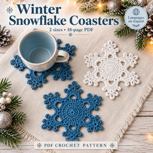 Snowflake Coaster Crochet Pattern PDF, 2 Sizes, Blue & White Christmas Coasters, Winter Table Decor