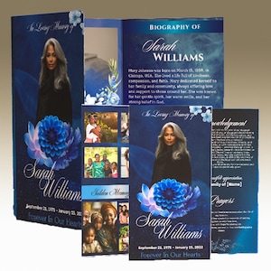 以下が含まれることがあります： 暗い青色の背景に、灰色の髪の女性の写真が写っている追悼プログラムです。「In Loving Memory of Sarah Williams」と「Forever In Our Hearts」というテキストが含まれています。伝記と写真も含まれています。