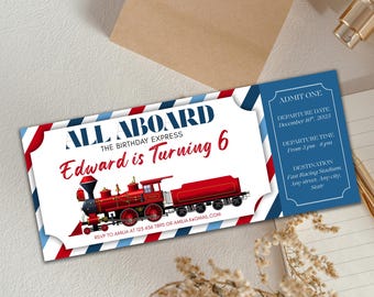 Train Birthday Ticket Invitation: Blue Boy 1st Birthday (Digital Download, Editable in Canva)