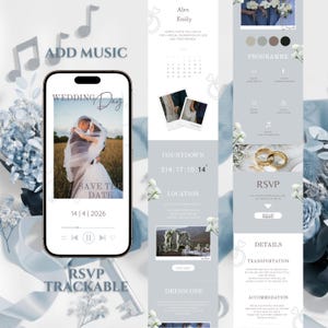 May include: A digital wedding invitation design featuring a smartphone with a wedding photo and date. The design includes RSVP details, a countdown, and other information, in blue and white tones. Musical notes and floral elements are also present.