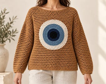 Evil Eye Sweater Crochet Pattern PDF, Aegean Gaze Boho Pullover, Sizes XS–3XL, En, Fr, Es,  Photo Guide (Instant Download) - Digital File