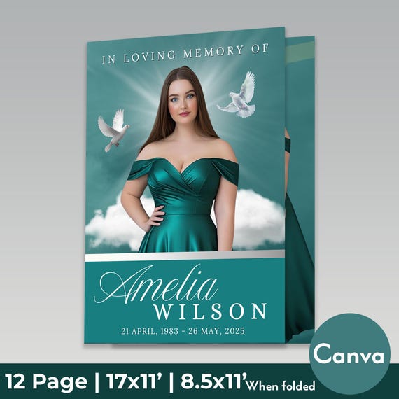 Elegant Green Silver Funeral Program Template, Memorial Invitation (canva  Editable, Instant Download) - Etsy Israel