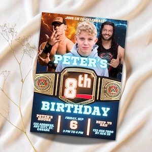 Convite de aniversário de Superstars do Wrestling - Convite para o Campeonato, Festa de Wrestling para aniversário de menino Campeonato de Wrestling Digital Temporário