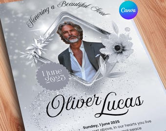 Diamond Floral Funeral Program Template, 8-Page Bifold, Canva (Digital Download)