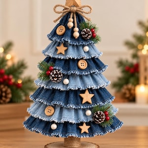 Op de afbeelding: Een decoratieve boom gemaakt van gelaagde blauwe spijkerstof ruches met gerafelde randen. Het is versierd met houten sterren, ronde houten knopen, kleine witte kralen, dennenappels, rode bessen en dennentakjes, bekroond met een houten ster.