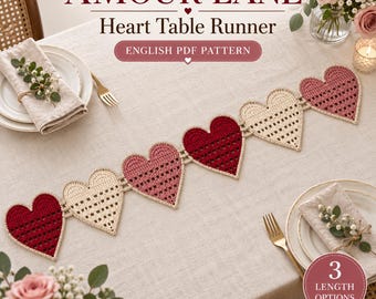 Heart Table Runner Crochet Pattern PDF Amour Lane Lace Hearts, 3 Lengths, English Guide, Valentine & Wedding Table Decor, Instant Download