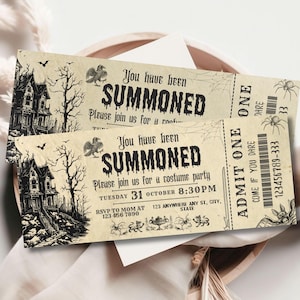 May include: Two vintage-style Halloween party invitations. The invitations feature a haunted house, raven, and spiderweb design. The text reads "You have been SUMMONED" and includes party details for October 31st.