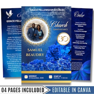 Könnte beinhalten: Mehrseitiger Kirchenjubiläumsflyer in Blau und Gold. Das Design zeigt ein Foto eines Paares, florale Dekorationen und Veranstaltungsinformationen. Der Text enthält "Grace Fellowship Church" und "Church Anniversary 30".