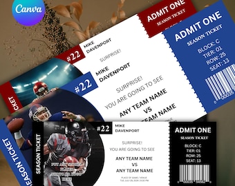 May include: A collection of football season tickets with a blue, red, and white color scheme. The tickets feature the text "ADMIT ONE" and include details like block, tier, row, and seat numbers. The tickets also have the text "MIKE DAVENPORT" and "ANY TEAM NAME".