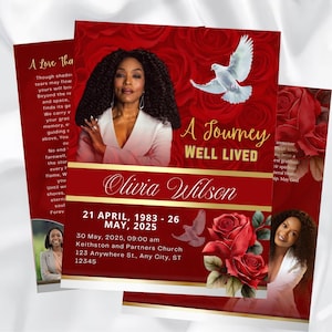 Maroon Red Funeral Program Template, 8-Page Bifold Obituary Booklet (Digital Download)