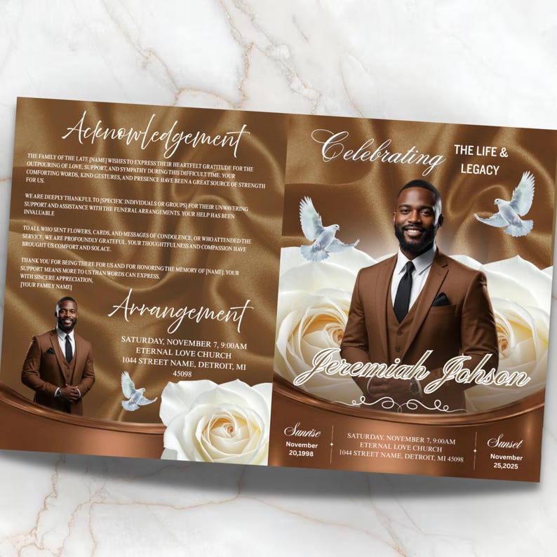 May include: A memorial service program with a brown and gold color scheme. The cover features a photo of a man in a brown suit, white doves, and white roses. Text includes "Celebrating The Life & Legacy" and "Jeremiah Johnson."