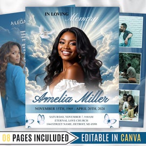 Può includere: Un programma commemorativo con un ritratto di una donna sorridente su uno sfondo di cielo nuvoloso. Il testo recita "In Loving Memory" e include il nome "Amelia Miller" con date e dettagli del servizio. Il design include farfalle e una colomba.