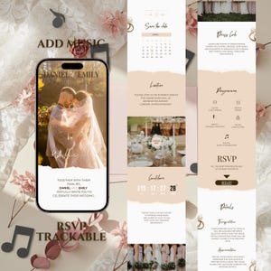 Puede incluir: Un diseño de invitación de boda con un smartphone que muestra una foto de la pareja y los detalles del evento. El diseño incluye un calendario, la ubicación, el código de vestimenta y la información de RSVP. La combinación de colores es beige suave y blanco.