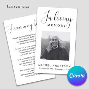 Peut inclure: Une carte de deuil en noir et blanc avec un poème sur le souvenir d'un être cher. La carte présente une photo en noir et blanc d'un homme en veste. Le texte sur la carte se lit comme suit : "Forever in my heart" et "In loving memory". Le nom "Michel Anderson" et les dates "December 23, 1999 - September 15, 2025" sont également inclus sur la carte.
