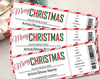 Puede incluir: Tres entradas navideñas con rayas rojas y blancas de bastón de caramelo. Las entradas dicen "Merry Christmas" en rojo y verde, con espacio para el nombre del artista y los detalles del espectáculo. Hay un código de barras a la derecha.