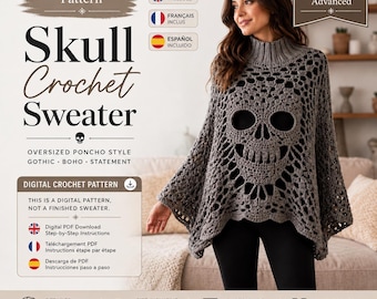 Skull Lace Poncho Crochet Pattern PDF, Gothic Crochet Sweater Pattern , Halloween Skull Top, Ribbed Turtleneck Poncho, Digital Download