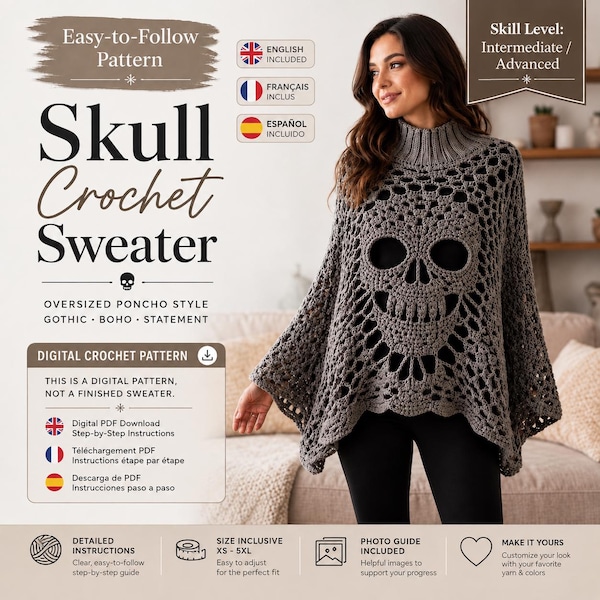Häkelanleitung für einen Poncho mit Totenkopfspitze (PDF), Gothic-Häkelmuster für einen Pullover, Halloween-Totenkopf-Top, gerippter Rollkragenponcho, digitaler Download