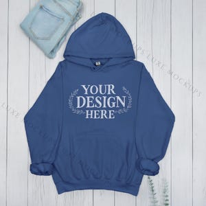 Gildan 18500 Hoodie Mockup, Indigo Blue Heavy Blend Sweatshirt Flat Lay, Pullover Mock Up